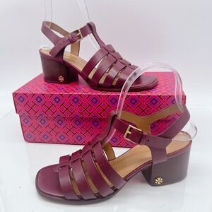 TORY BURCH FISHERMAN BLOCK HEEL SANDALS Claret Red Leather Womens US 6.5